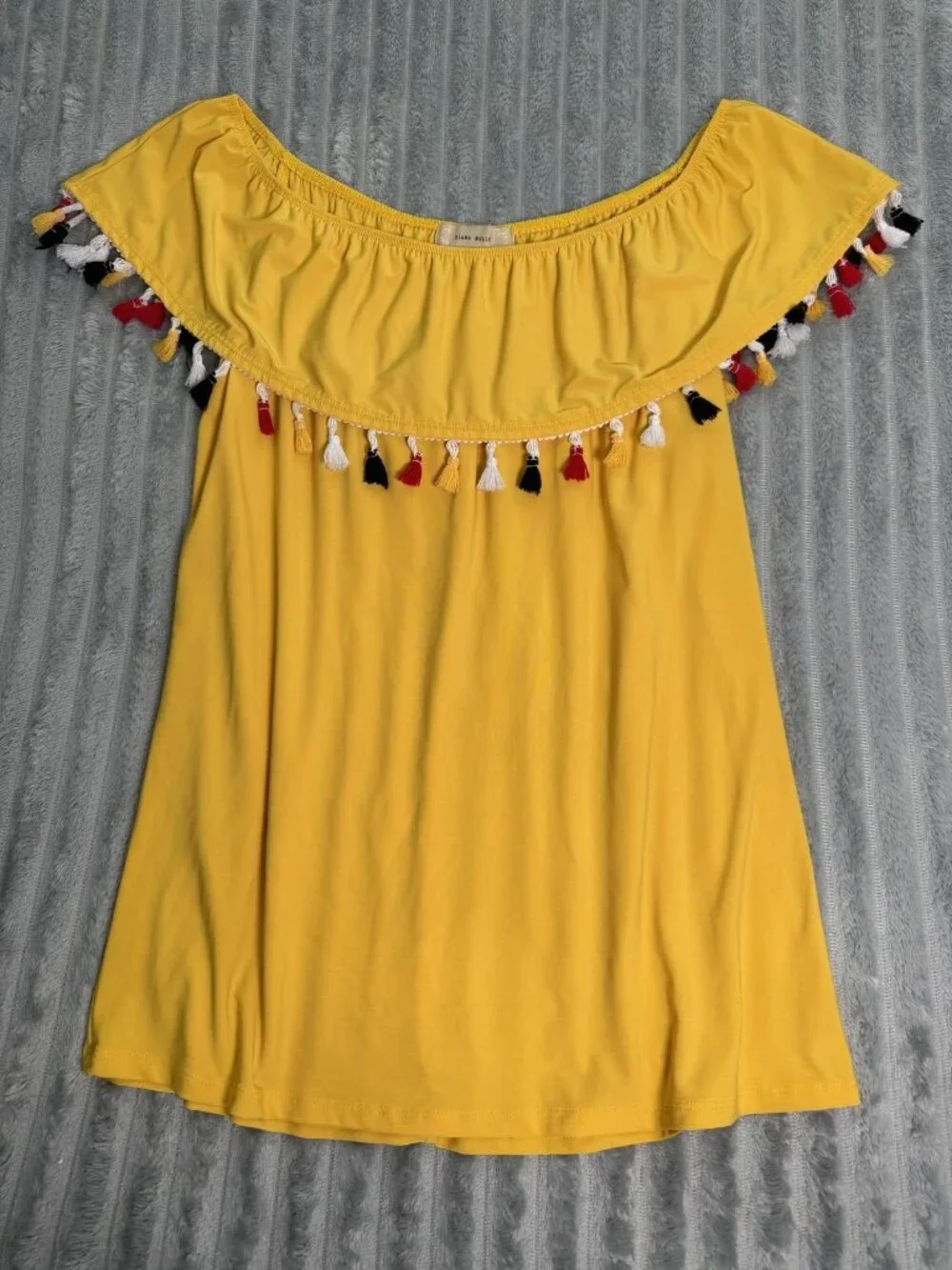Diana Belle Off Shoulder Boho Tassel Flounce Top Womens L Yellow Summer Festival